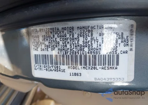 2001 Toyota Avalon Xl z USA, uszkodzony, nr VIN 4T1BF28B91U148985